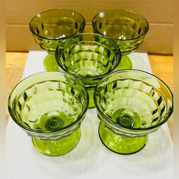 Indiana glass sherbet dishes, avocado green, Whitehall cubist. Set of 5. MINT - Picture 1 of 4